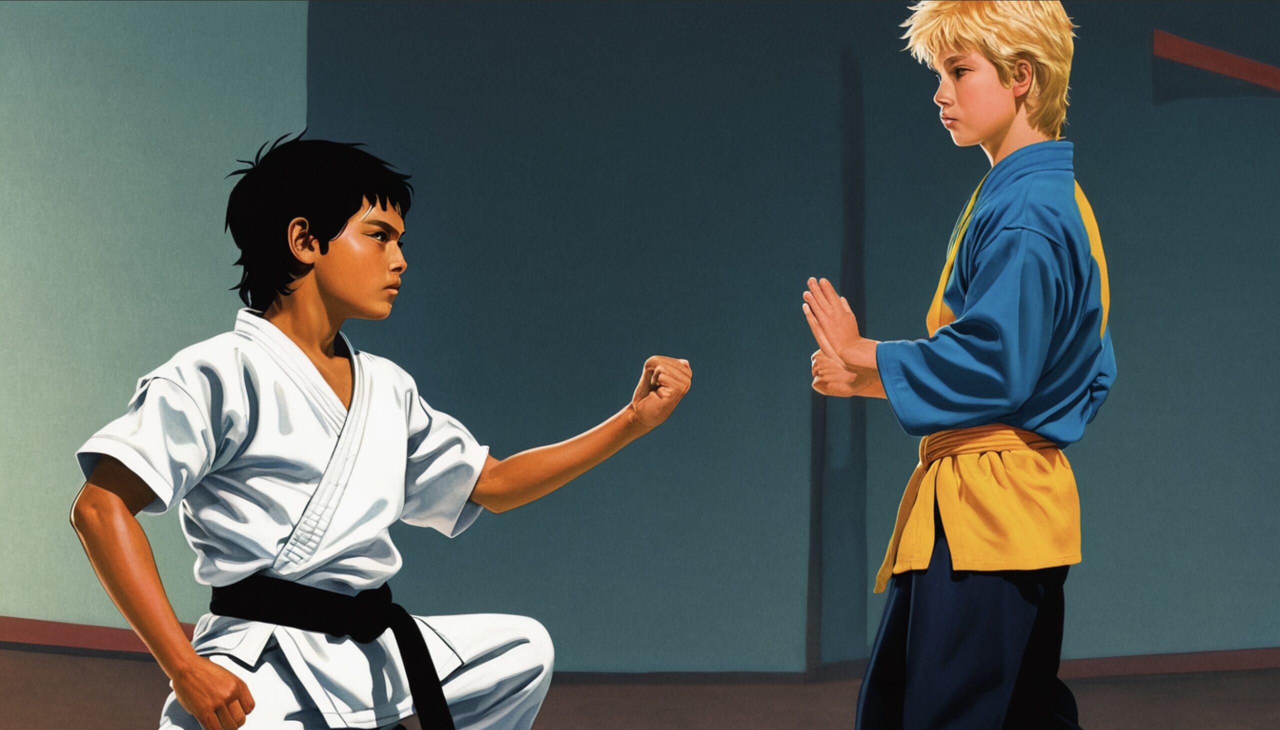 a confident scene where the Karate Kid stands up to a bully